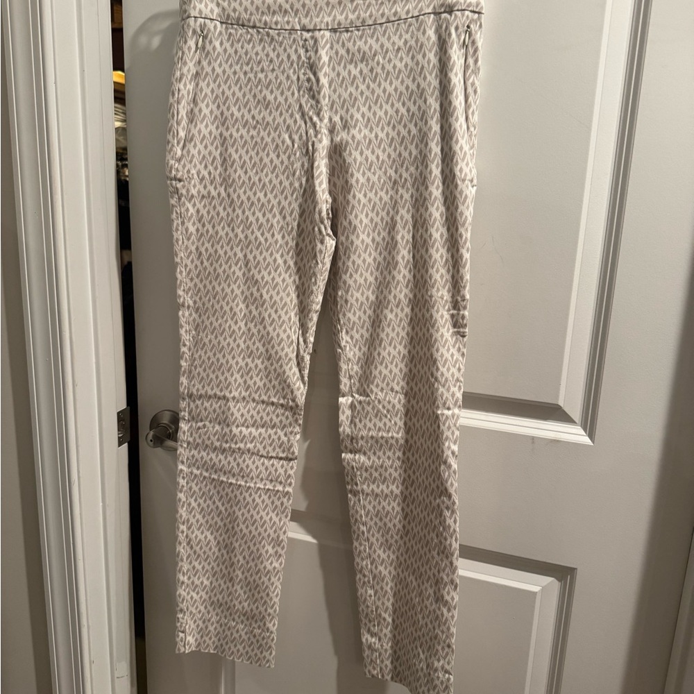 Margaret M Cream and Gray Patterned Pants
